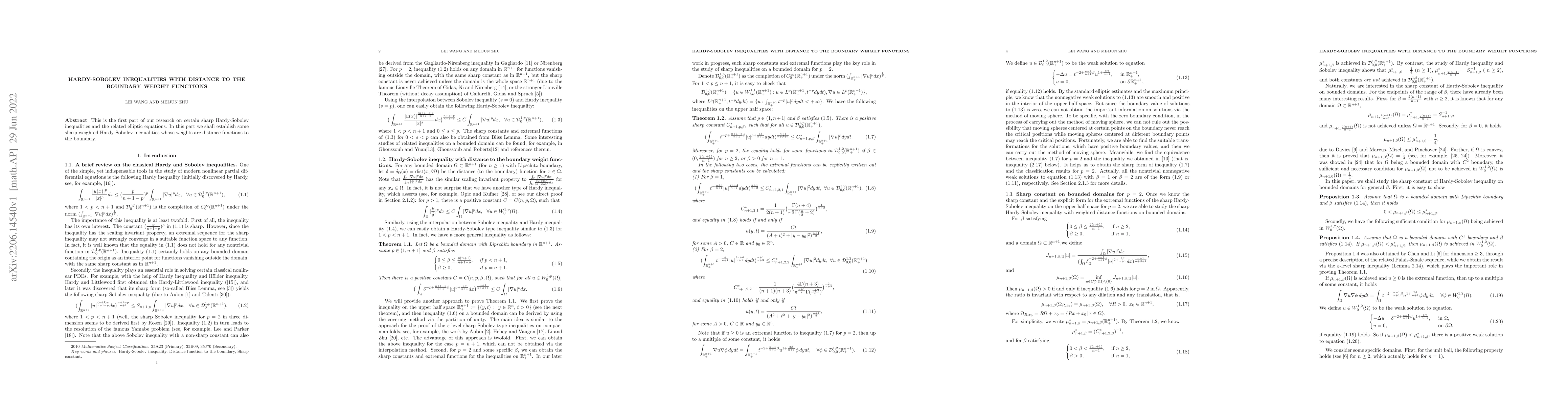 Thumbnail for Hardy-Sobolev inequalities with distance to the boundary weight
  functions