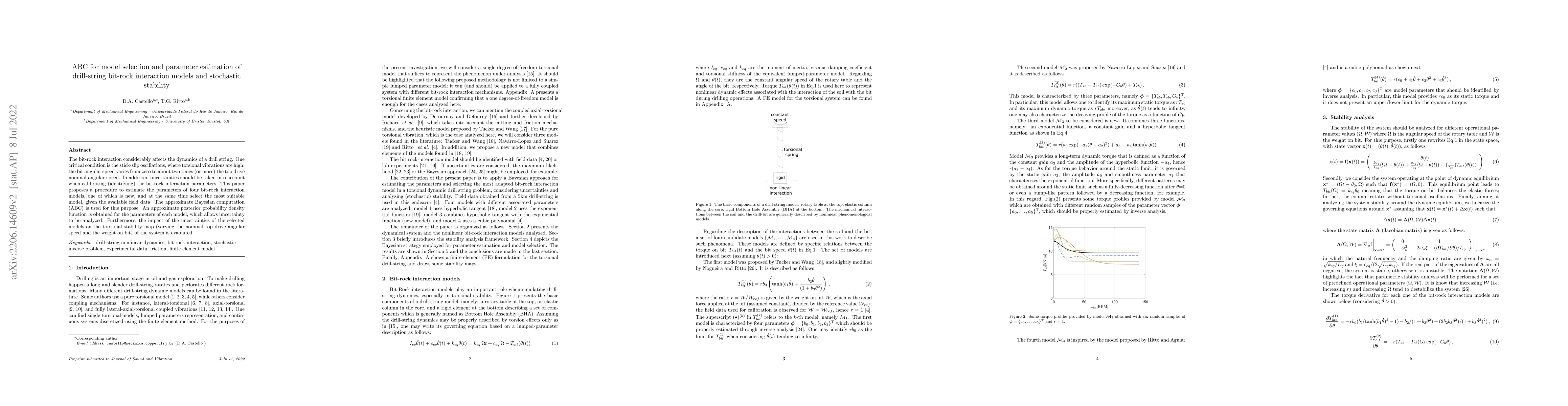 Thumbnail for ABC for model selection and parameter estimation of drill-string
  bit-rock interaction models and stochastic stability