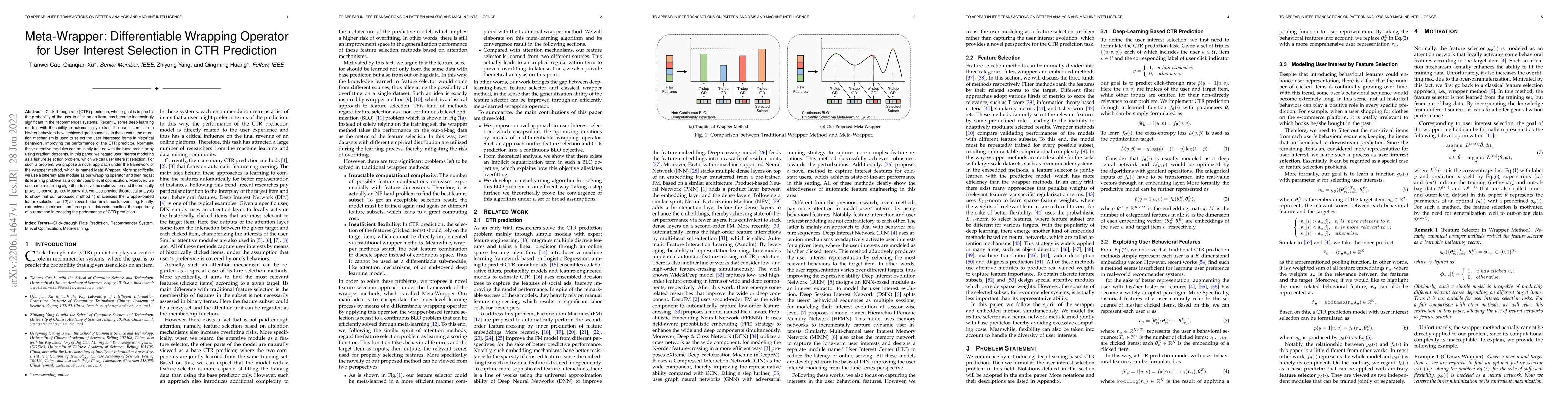Thumbnail for Meta-Wrapper: Differentiable Wrapping Operator for User Interest
  Selection in CTR Prediction
