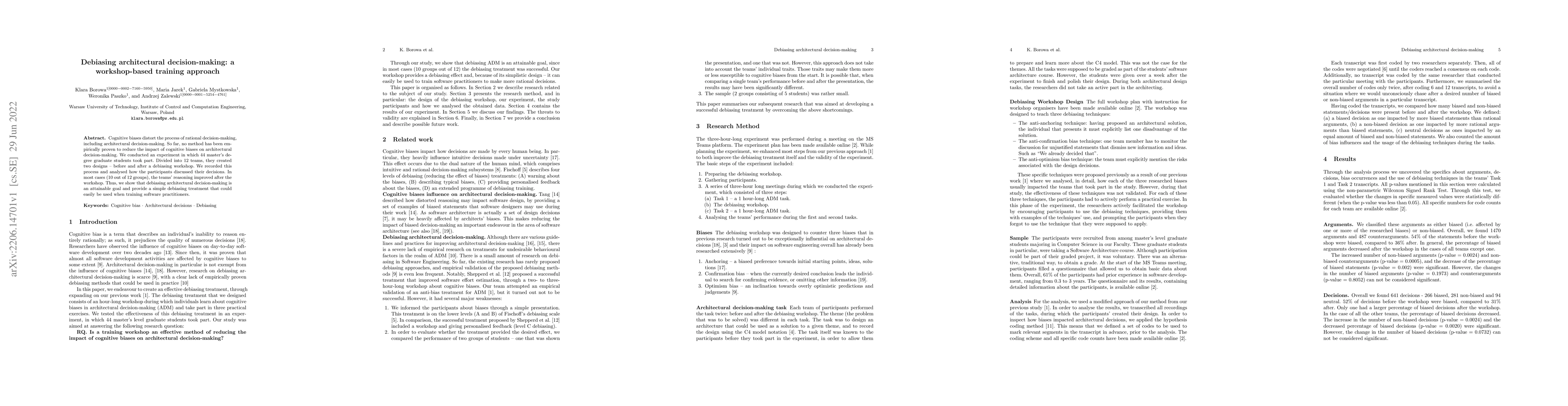 Thumbnail for Debiasing architectural decision-making: a workshop-based training
  approach