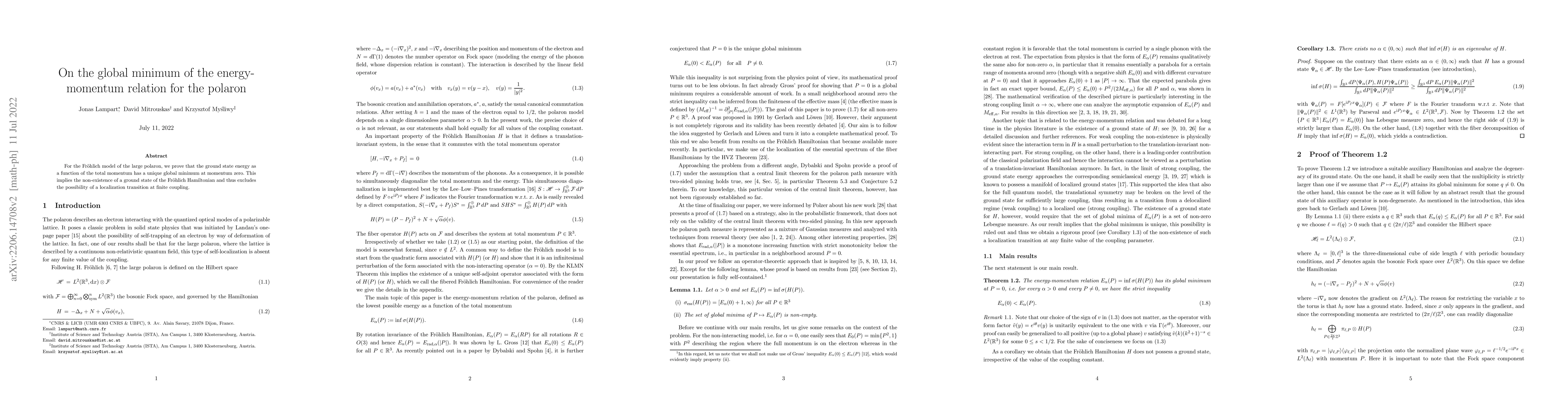 Thumbnail for On the global minimum of the energy-momentum relation for the polaron
