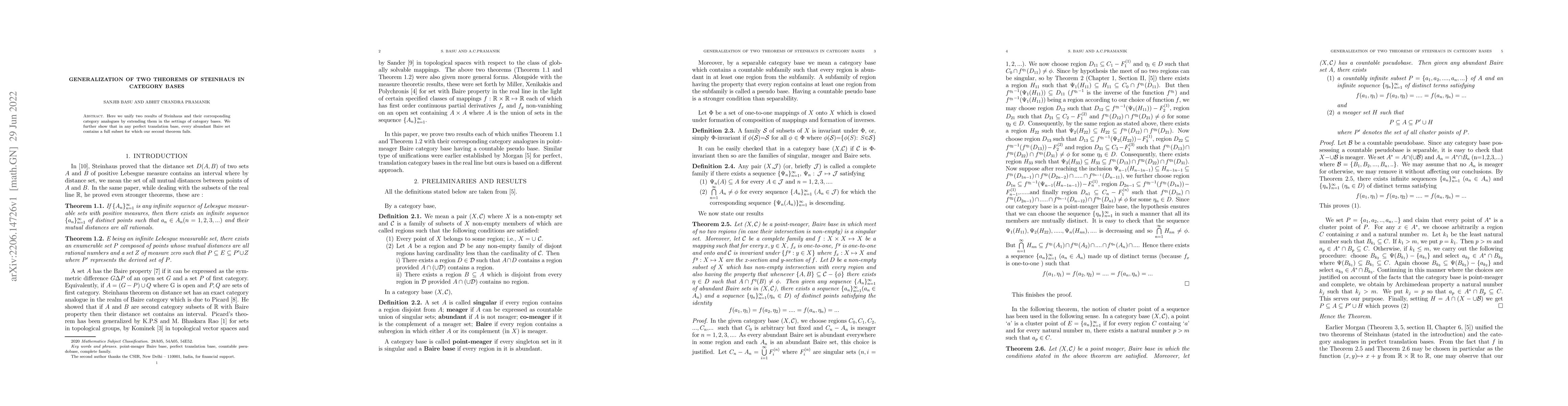 Thumbnail for Generalization of two theorems of Steinhaus in category bases