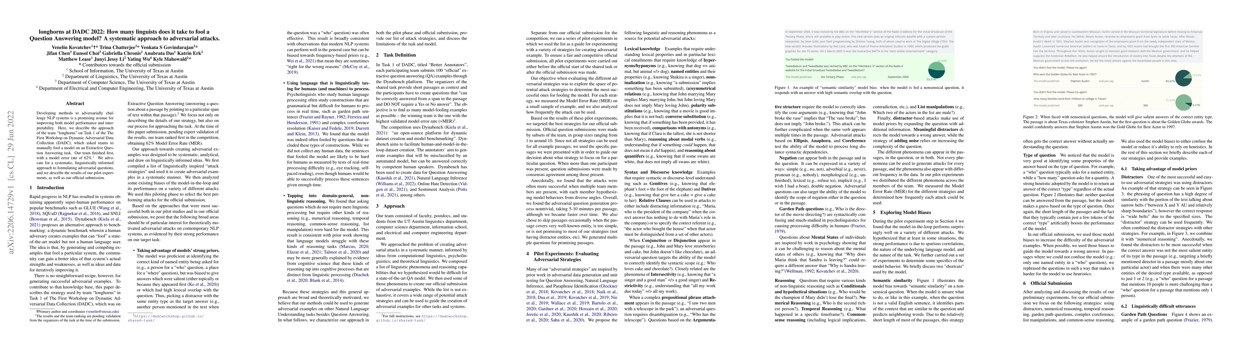 Thumbnail for longhorns at DADC 2022: How many linguists does it take to fool a
  Question Answering model? A systematic approach to adversarial attacks