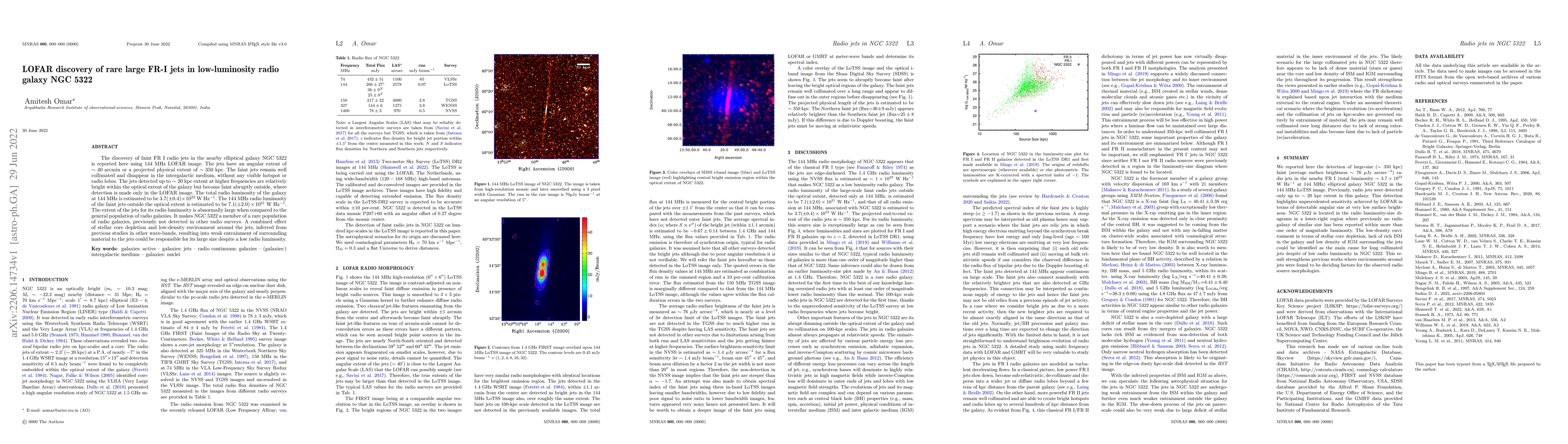Thumbnail for LOFAR discovery of rare large FR-I jets in low-luminosity radio galaxy
  NGC 5322