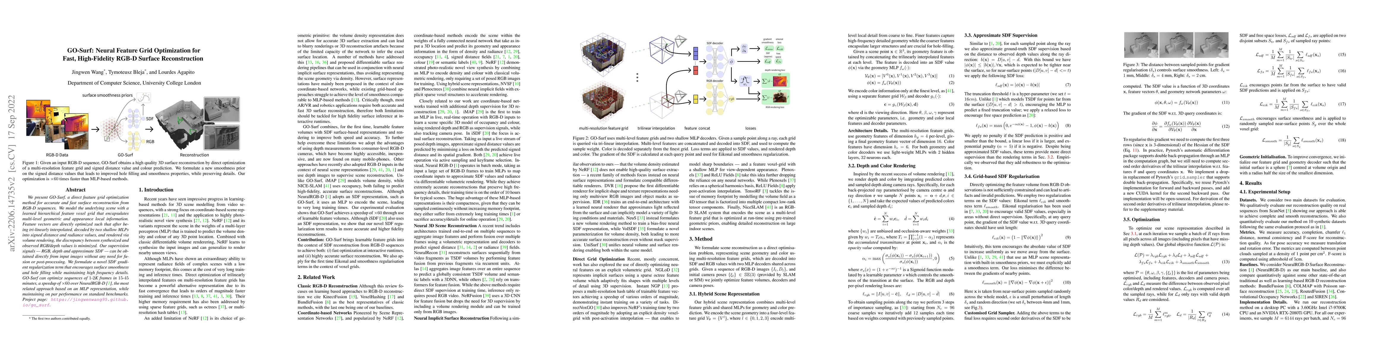 Thumbnail for GO-Surf: Neural Feature Grid Optimization for Fast, High-Fidelity RGB-D
  Surface Reconstruction