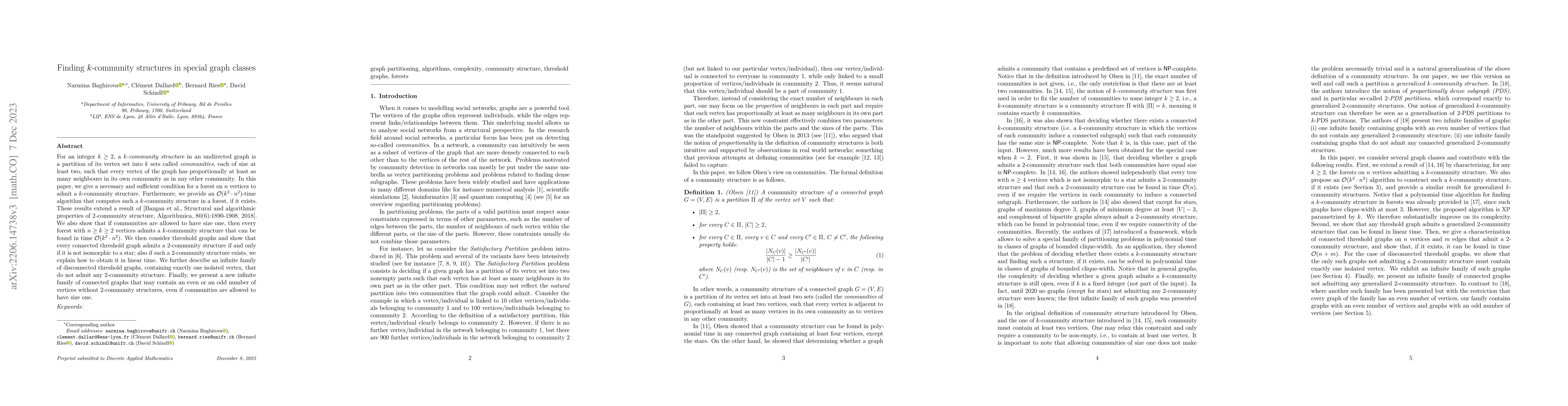 Thumbnail for Finding $k$-community structures in special graph classes
