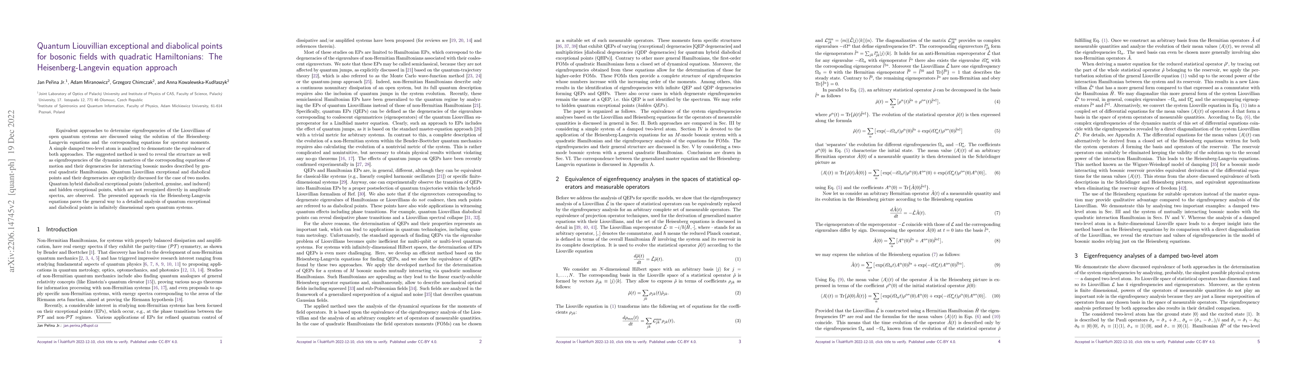 Thumbnail for Quantum Liouvillian exceptional and diabolical points for bosonic fields
  with quadratic Hamiltonians: The Heisenberg-Langevin equation approach