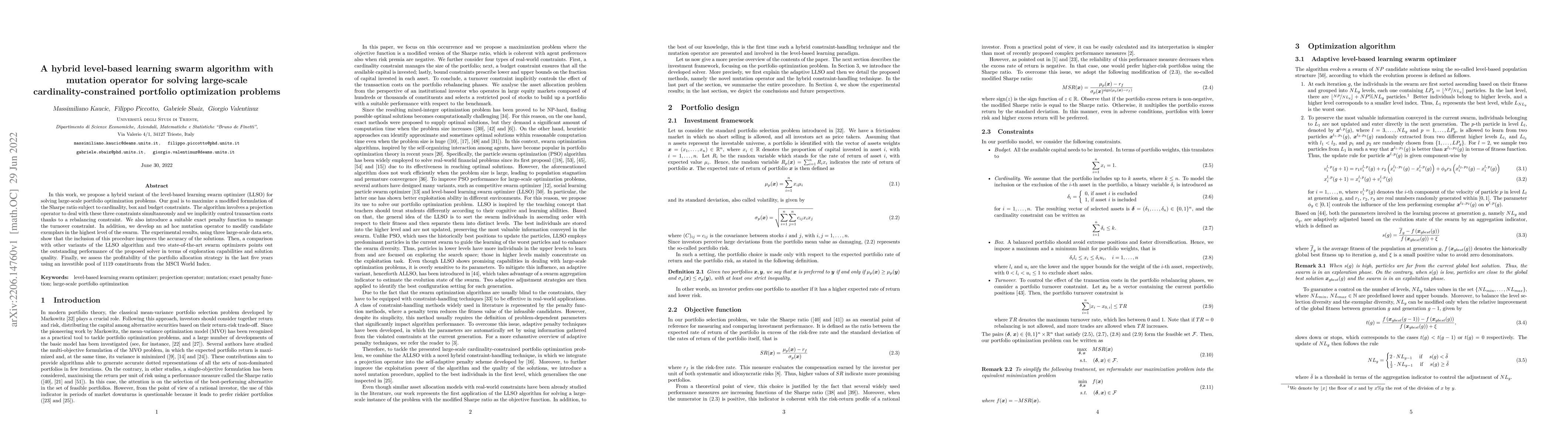 Thumbnail for A hybrid level-based learning swarm algorithm with mutation operator for
  solving large-scale cardinality-constrained portfolio optimization problems