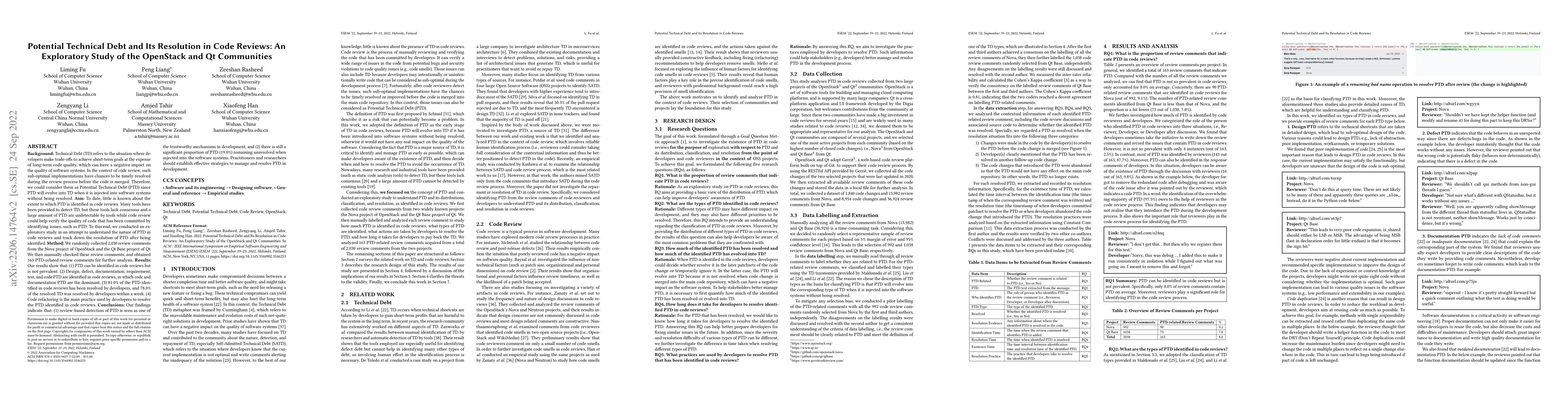 Thumbnail for Potential Technical Debt and Its Resolution in Code Reviews: An
  Exploratory Study of the OpenStack and Qt Communities