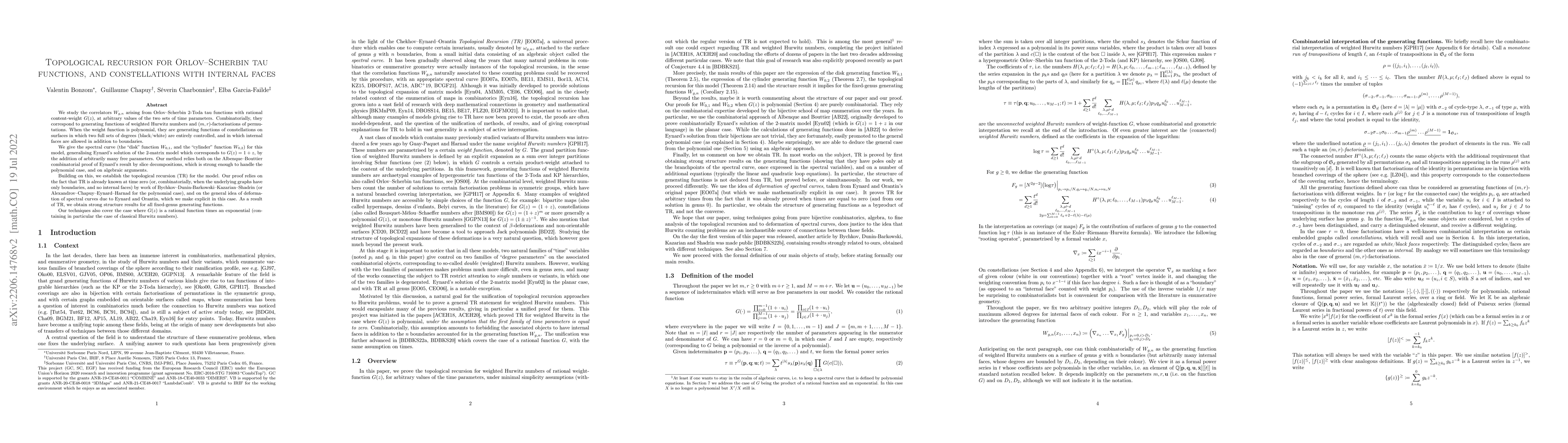 Thumbnail for Topological recursion for Orlov-Scherbin tau functions, and
  constellations with internal faces