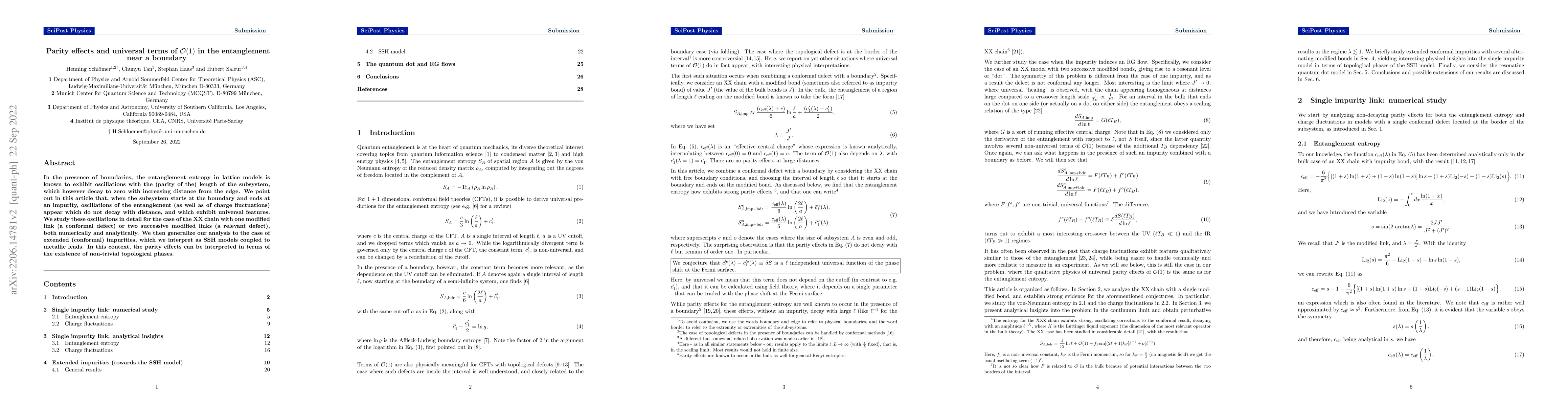Thumbnail for Parity effects and universal terms of O(1) in the entanglement near a
  boundary