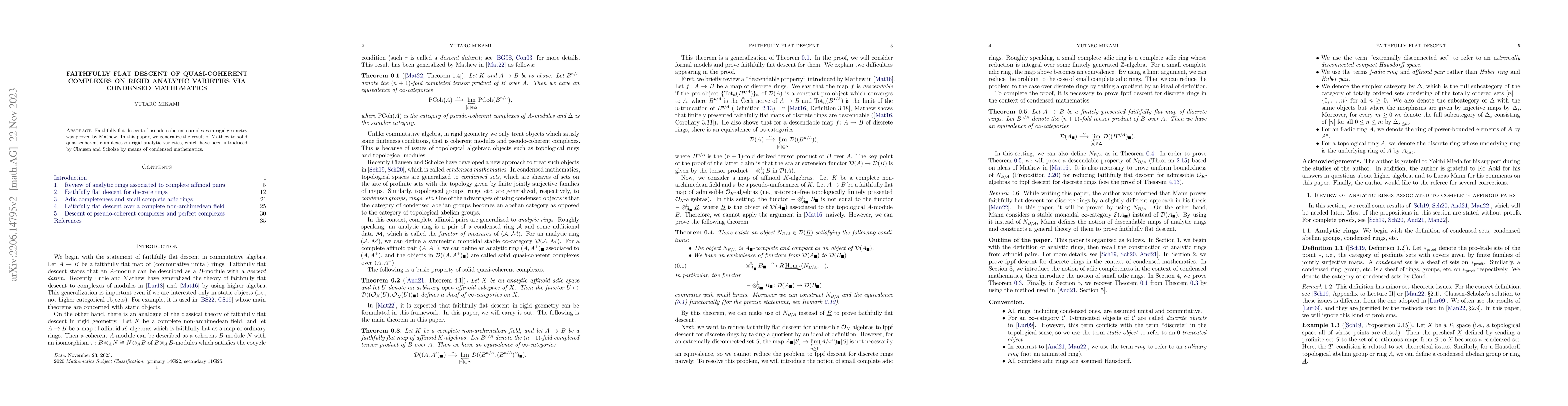 Thumbnail for Faithfully flat descent of quasi-coherent complexes on rigid analytic
  varieties via condensed mathematics