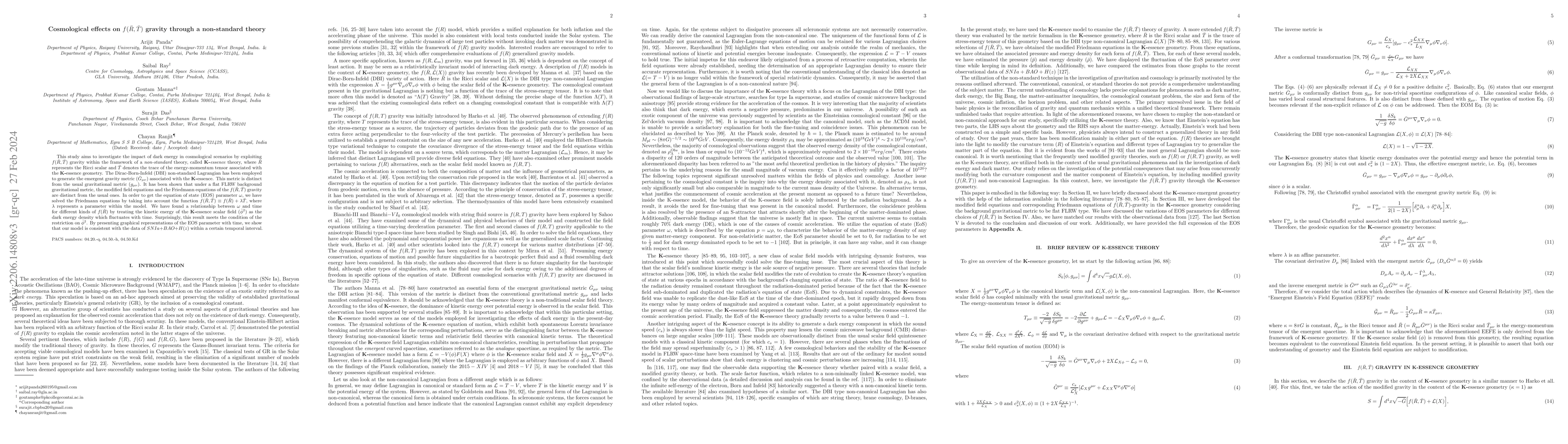 Thumbnail for Cosmological effects on $f(\bar{R},\bar{T})$ gravity through a
  non-standard theory