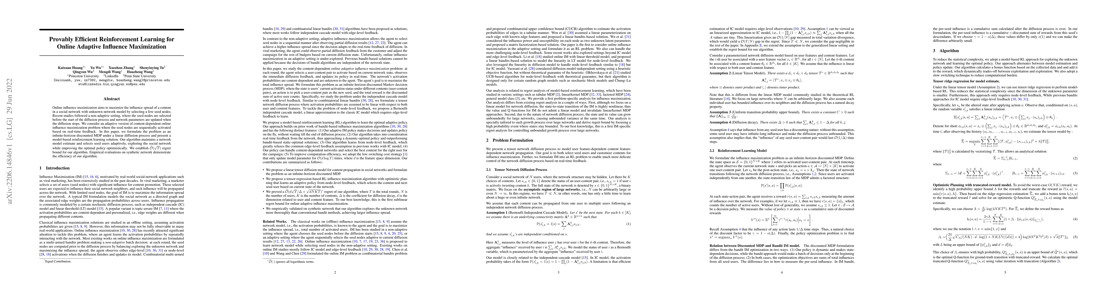 Thumbnail for Provably Efficient Reinforcement Learning for Online Adaptive Influence
  Maximization