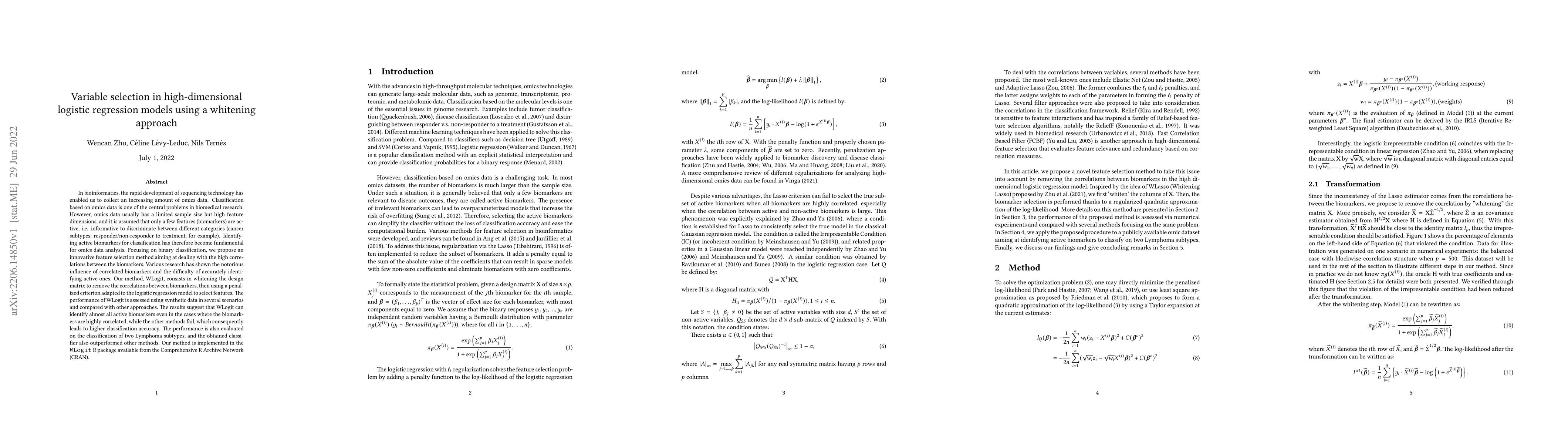 Thumbnail for Variable selection in high-dimensional logistic regression models using
  a whitening approach