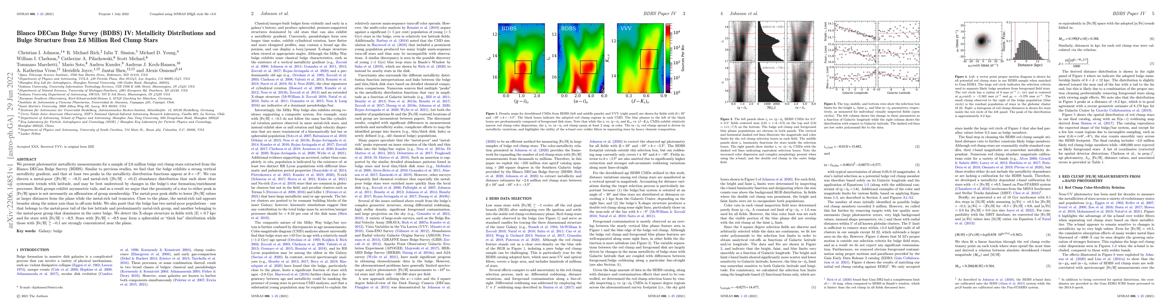Thumbnail for Blanco DECam Bulge Survey (BDBS) IV: Metallicity Distributions and Bulge
  Structure from 2.6 Million Red Clump Stars