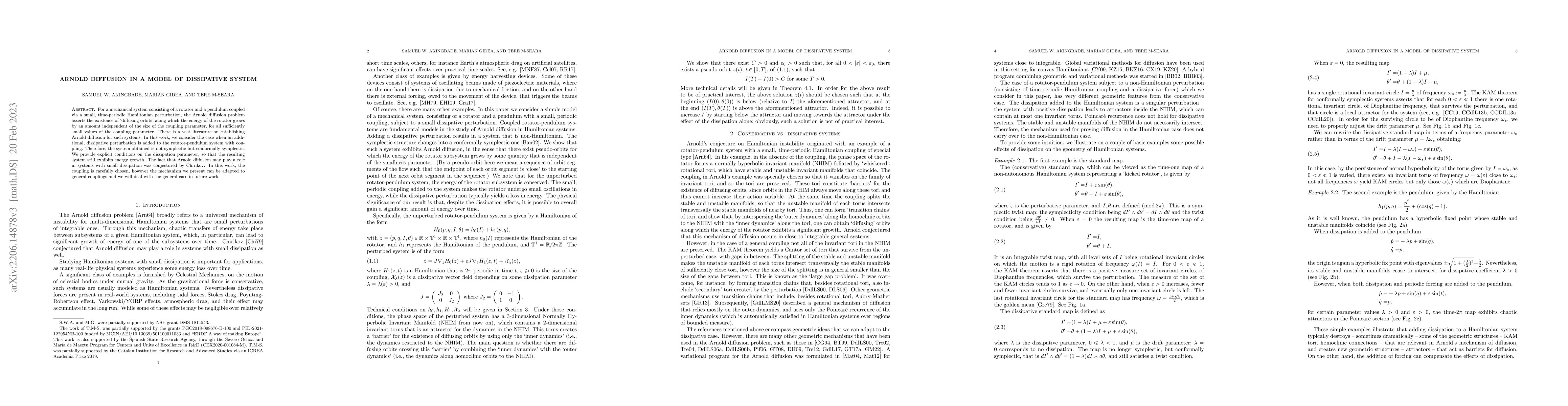 Thumbnail for Arnold diffusion in a model of dissipative system