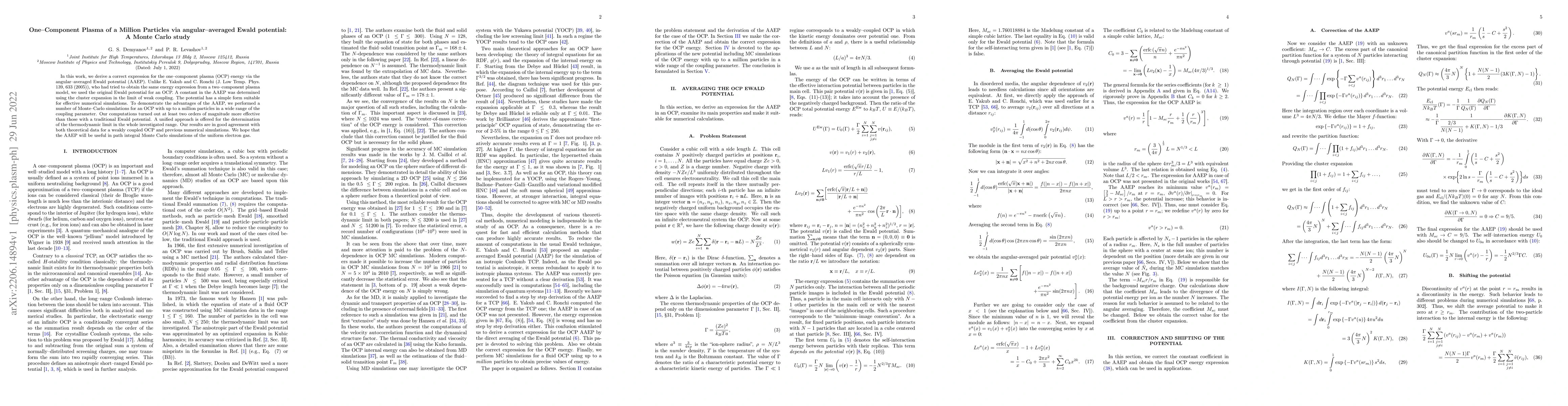 Thumbnail for One--Component Plasma of a Million Particles via angular--averaged Ewald
  potential: A Monte Carlo study