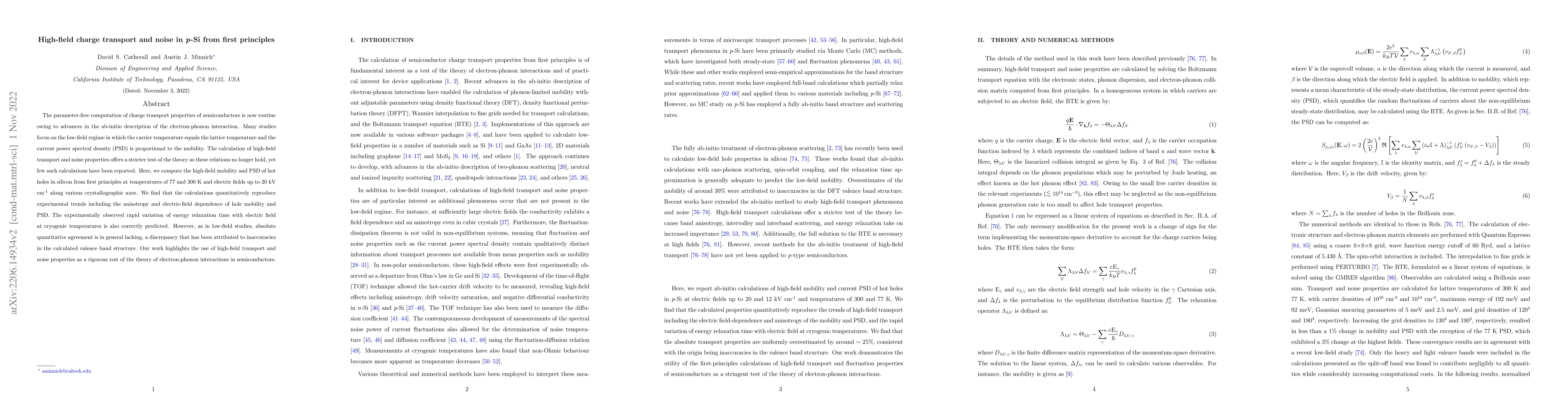 Thumbnail for High-field charge transport and noise in p-Si from first principles