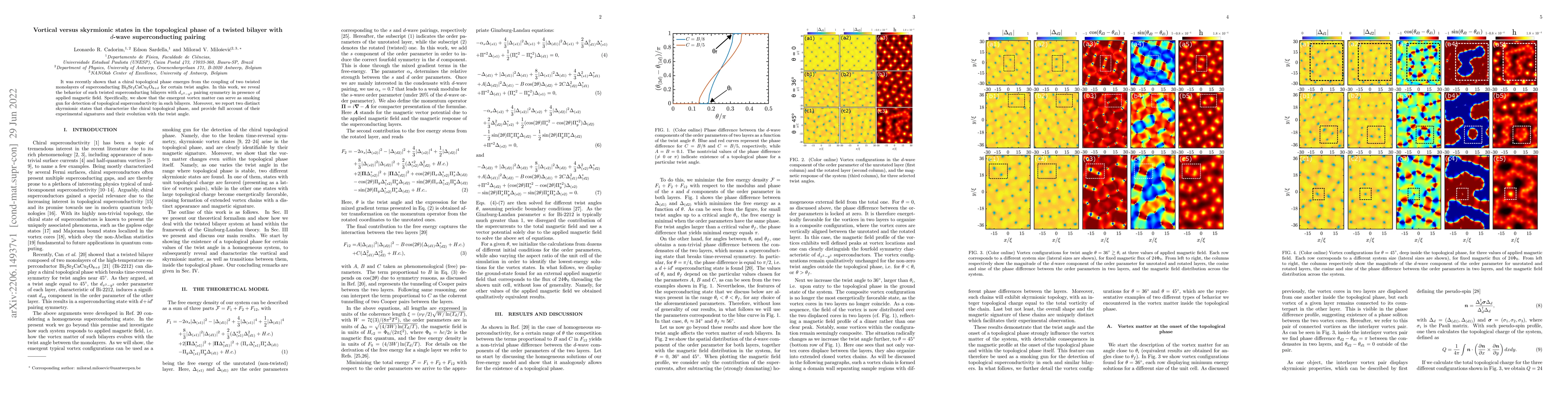 Thumbnail for Vortical versus skyrmionic states in the topological phase of a twisted
  bilayer with $d$-wave superconducting pairing
