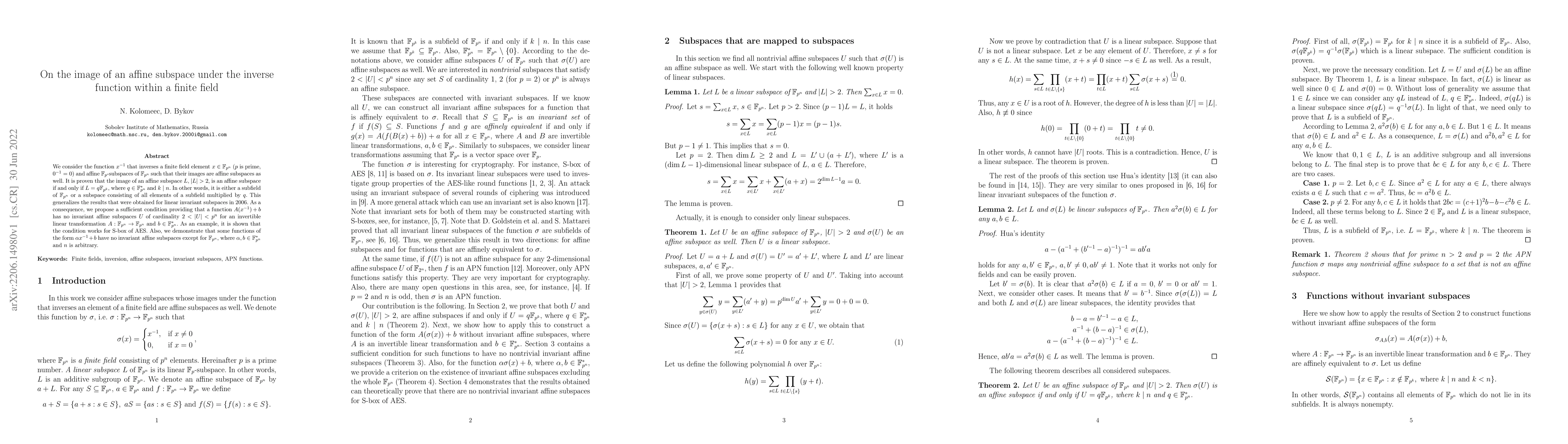 Thumbnail for On the image of an affine subspace under the inverse function within a
  finite field