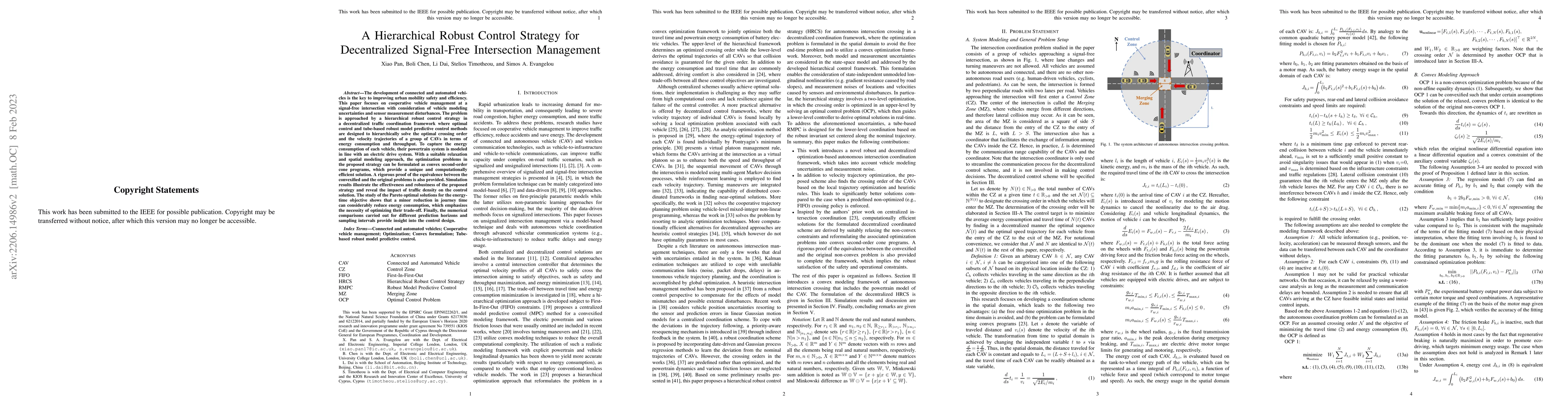 Thumbnail for A Hierarchical Robust Control Strategy for Decentralized Signal-Free
  Intersection Management