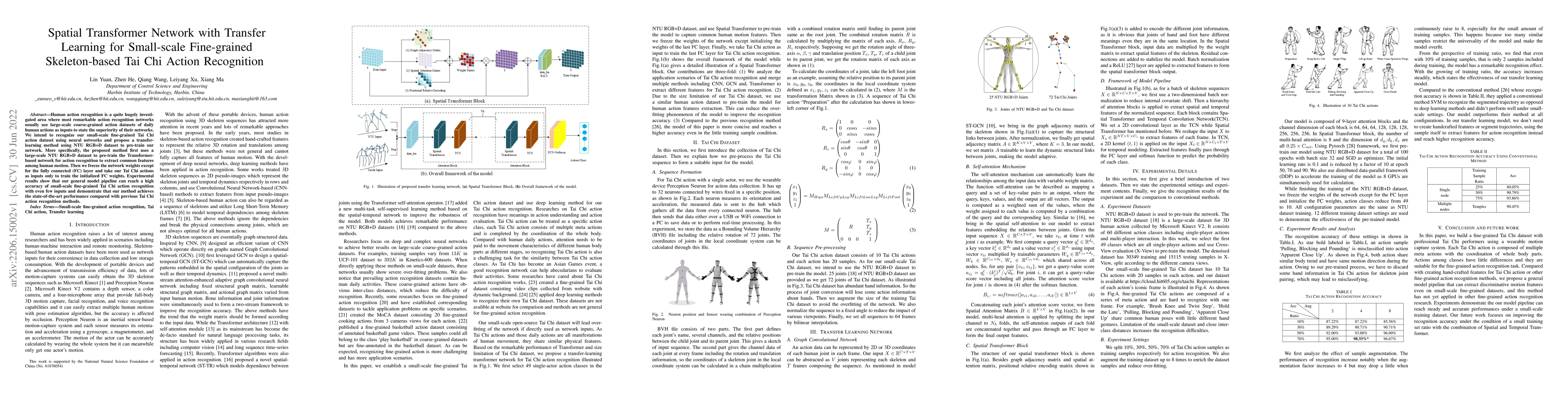Thumbnail for Spatial Transformer Network with Transfer Learning for Small-scale
  Fine-grained Skeleton-based Tai Chi Action Recognition