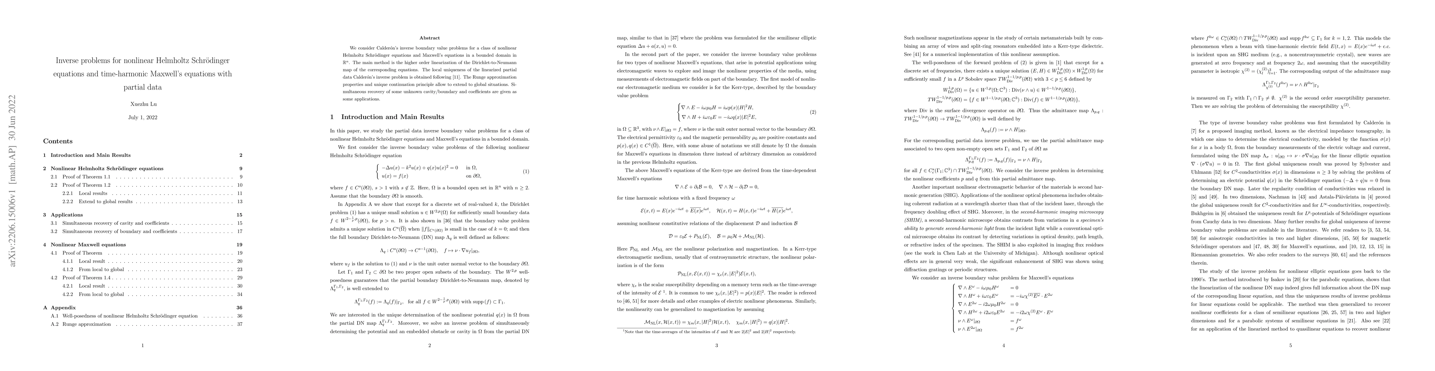 Thumbnail for Inverse problems for nonlinear Helmholtz Schr\"odinger equations and
  time-harmonic Maxwell's equations with partial data