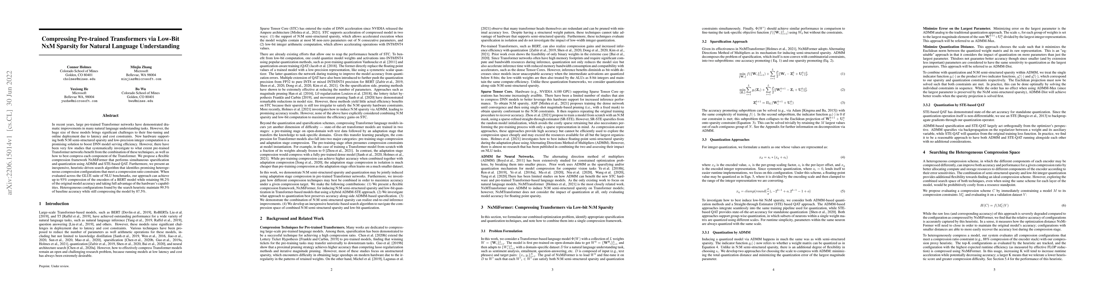 Thumbnail for Compressing Pre-trained Transformers via Low-Bit NxM Sparsity for
  Natural Language Understanding