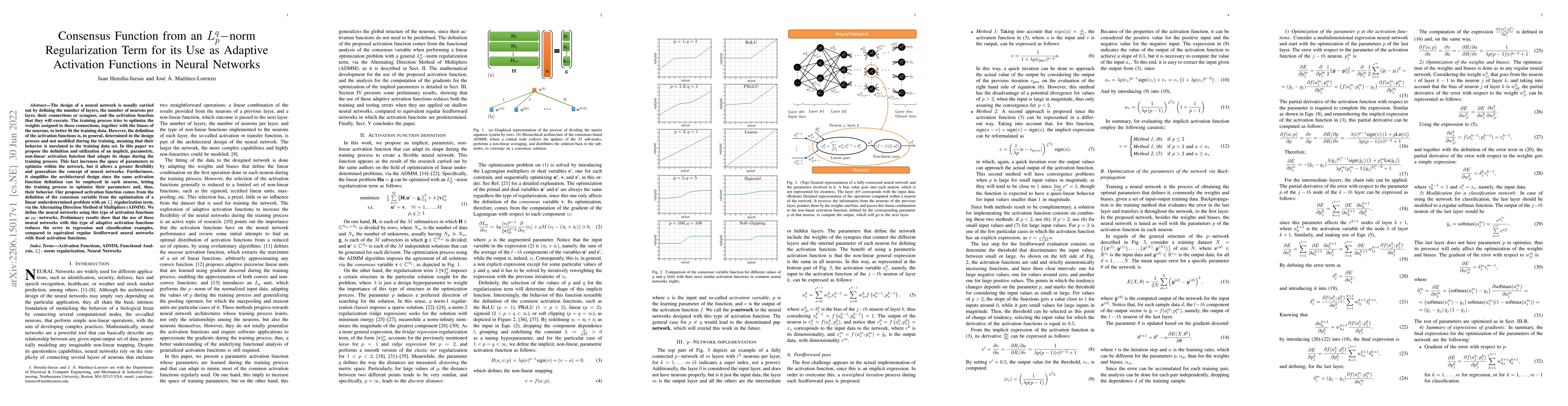 Thumbnail for Consensus Function from an $L_p^q-$norm Regularization Term for its Use
  as Adaptive Activation Functions in Neural Networks