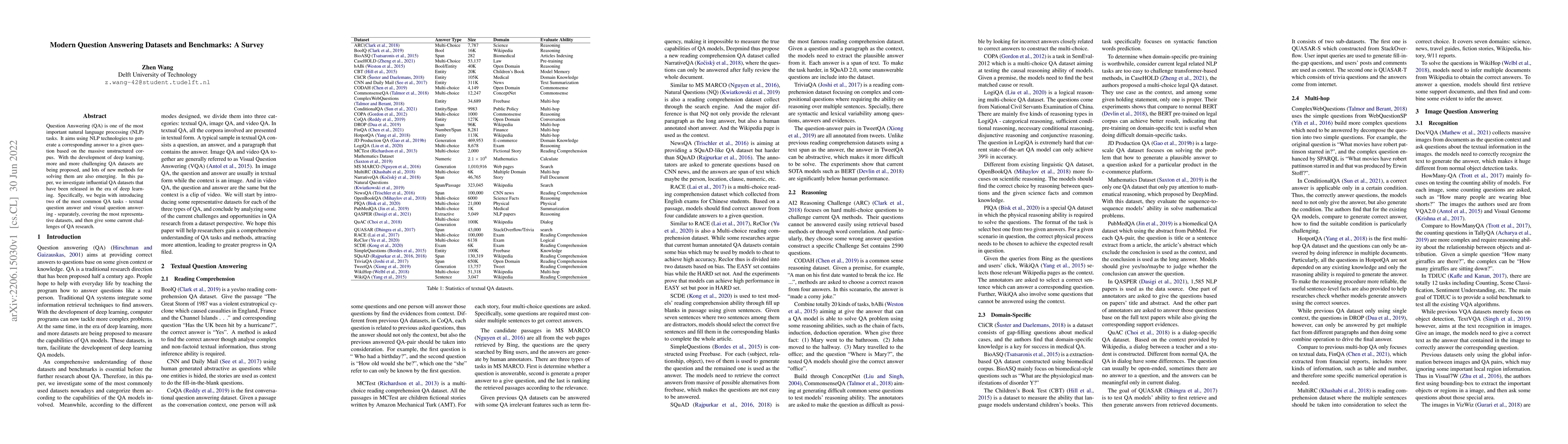 Thumbnail for Modern Question Answering Datasets and Benchmarks: A Survey