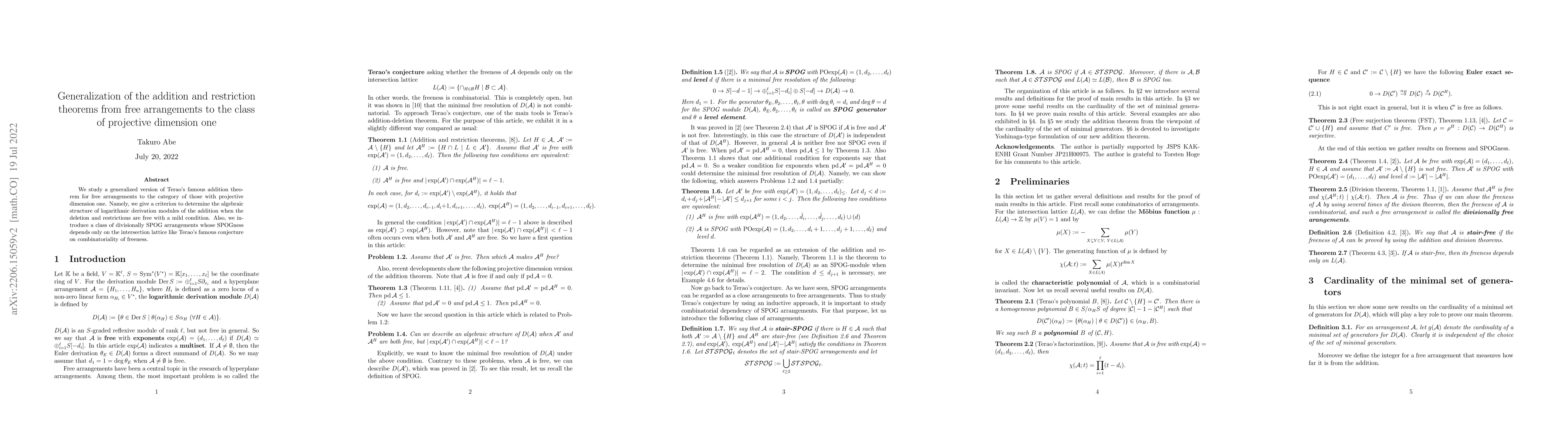 Thumbnail for Generalization of the addition and restriction theorems from free
  arrangements to the class of projective dimension one