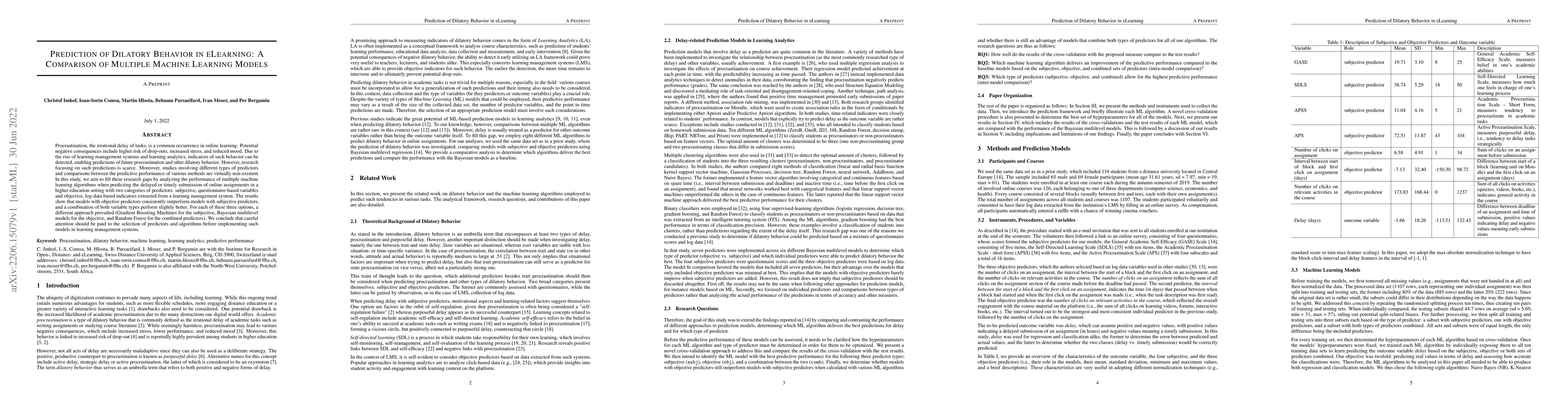 Thumbnail for Prediction of Dilatory Behavior in eLearning: A Comparison of Multiple
  Machine Learning Models