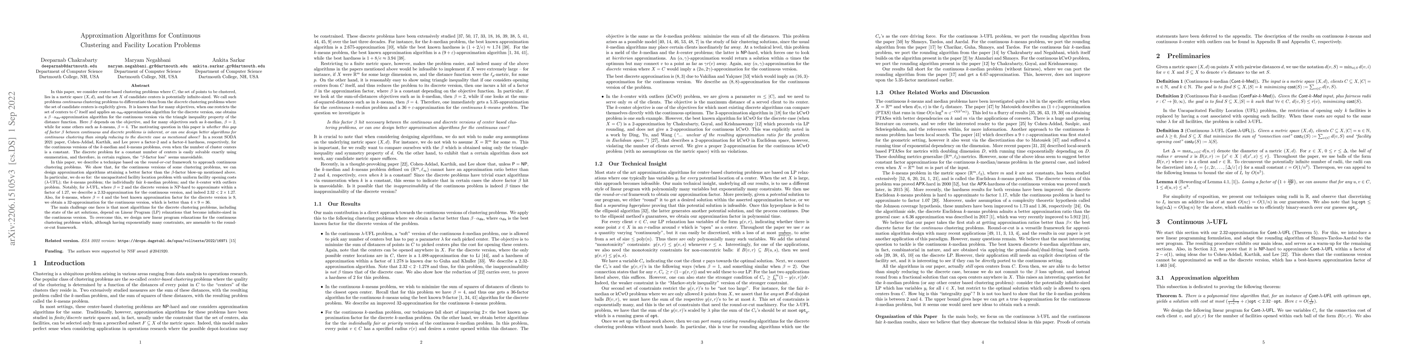 Thumbnail for Approximation Algorithms for Continuous Clustering and Facility Location
  Problems
