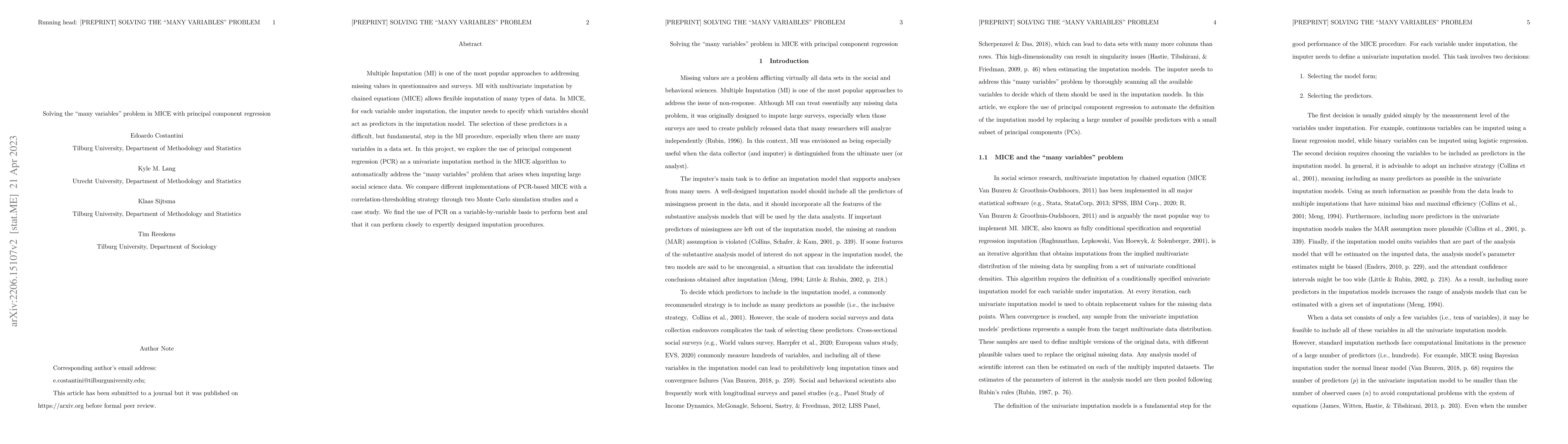 Thumbnail for Solving the "many variables" problem in MICE with principal component
  regression