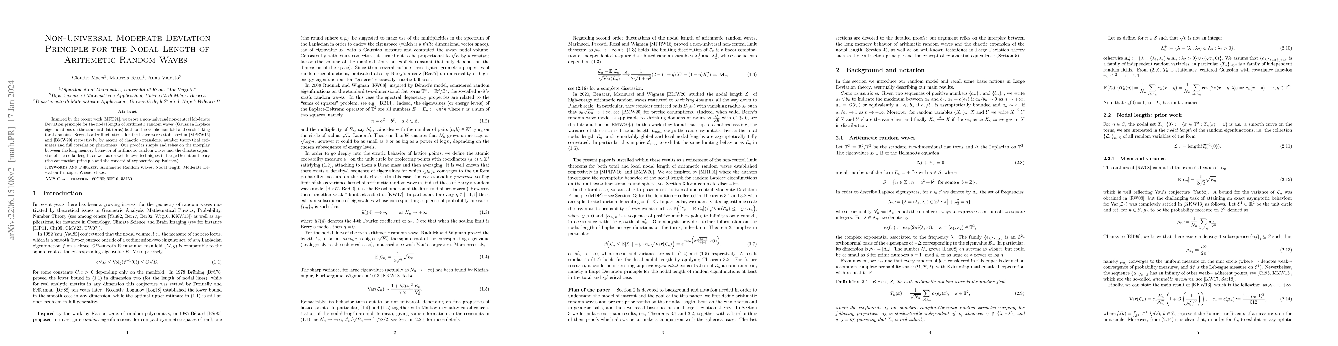 Thumbnail for Non-Universal Moderate Deviation Principle for the Nodal Length of
  Arithmetic Random Waves