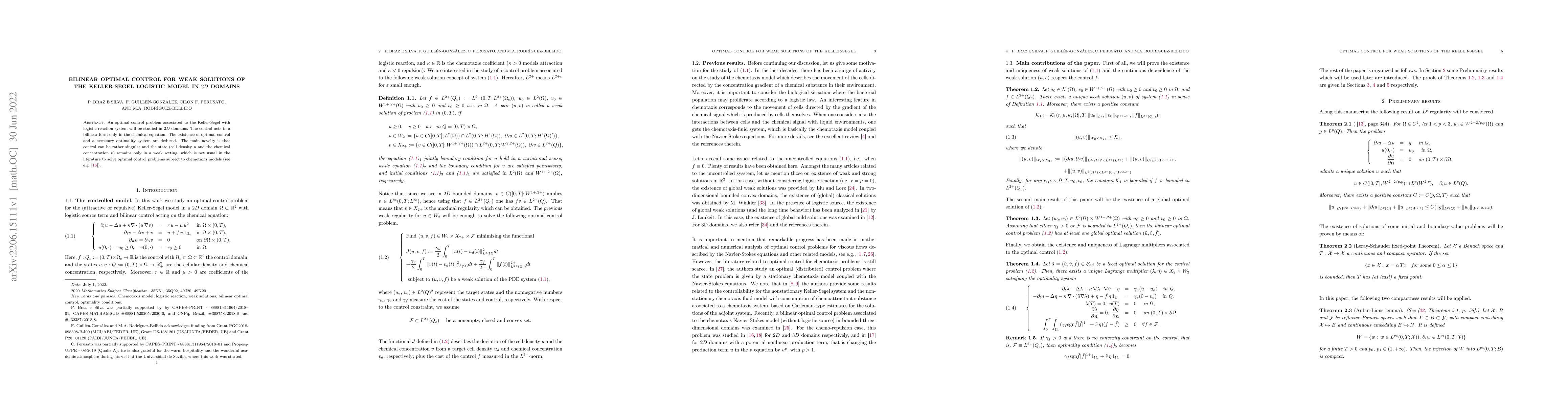 Thumbnail for Bilinear optimal control for weak solutions of the Keller-Segel logistic
  model in $2D$ domains