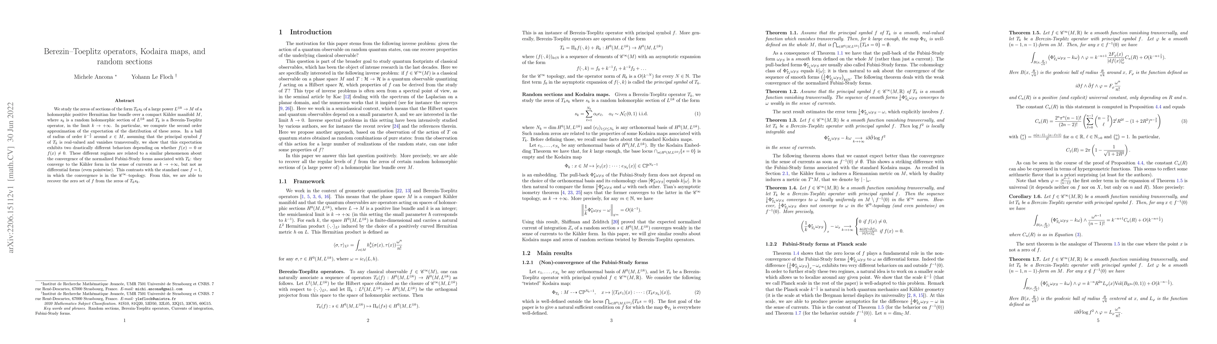 Thumbnail for Berezin-Toeplitz operators, Kodaira maps, and random sections