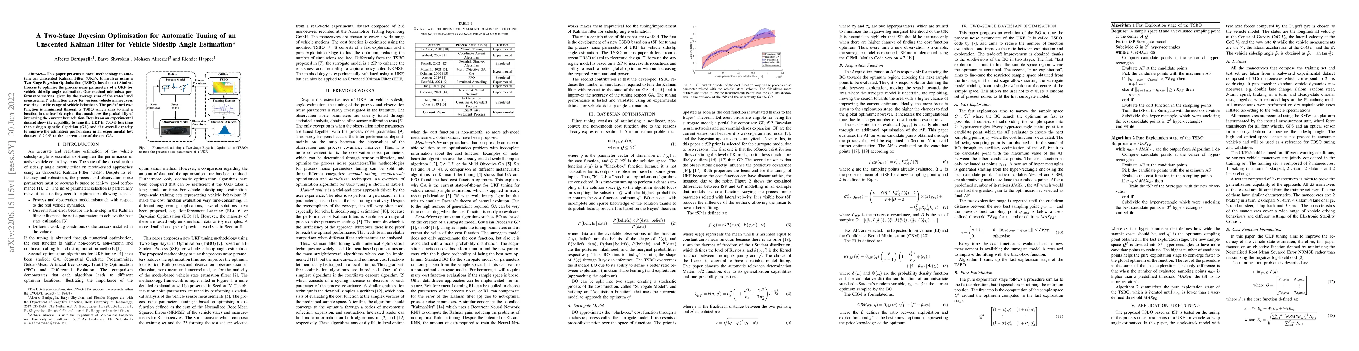Thumbnail for A Two-Stage Bayesian Optimisation for Automatic Tuning of an Unscented
  Kalman Filter for Vehicle Sideslip Angle Estimation
