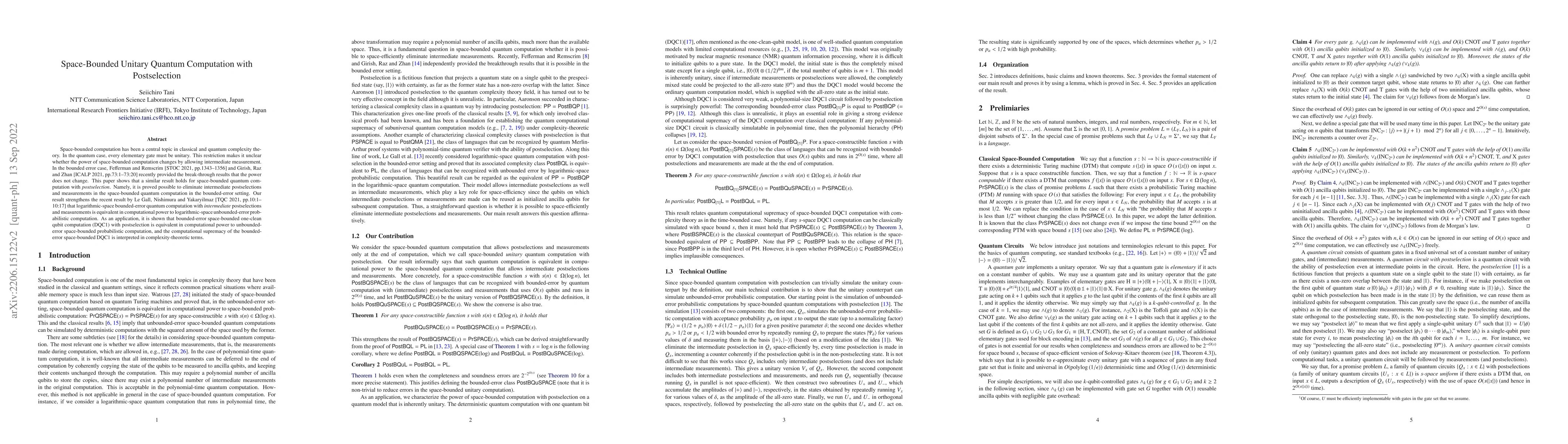 Thumbnail for Space-Bounded Unitary Quantum Computation with Postselection