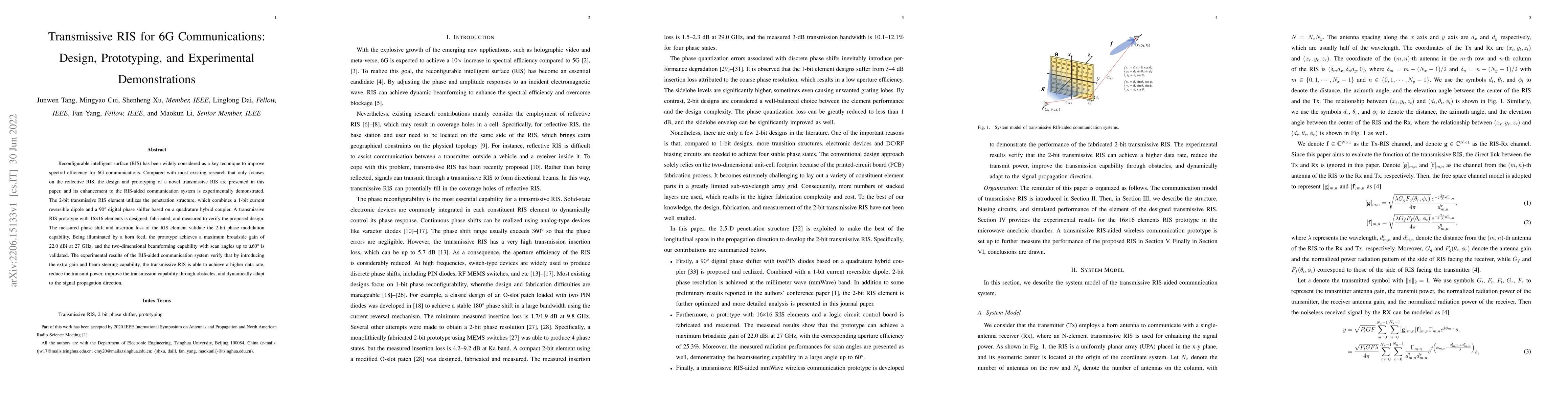 Thumbnail for Transmissive RIS for 6G Communications: Design, Prototyping, and
  Experimental Demonstrations