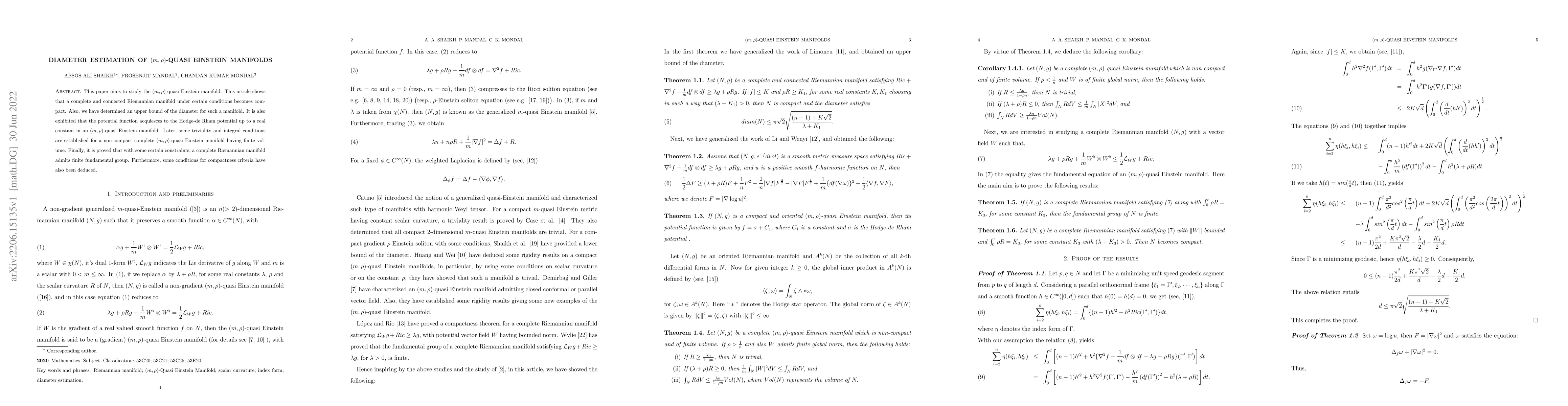 Thumbnail for Diameter estimation of $(m,\rho)$-quasi Einstein manifolds