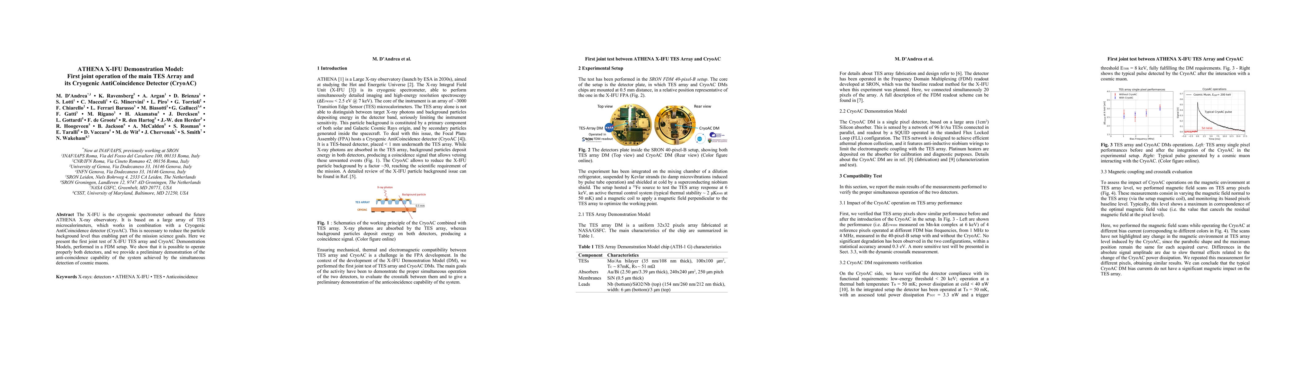 Thumbnail for ATHENA X-IFU Demonstration Model: First joint operation of the main TES
  Array and its Cryogenic AntiCoincidence Detector (CryoAC)