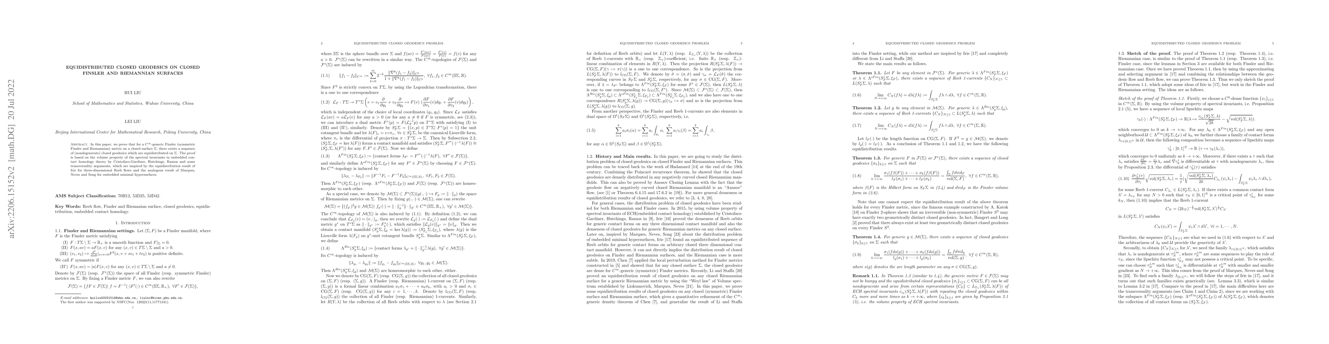 Thumbnail for Equidistributed Closed Geodesics on Closed Finsler and Riemannian
  Surfaces