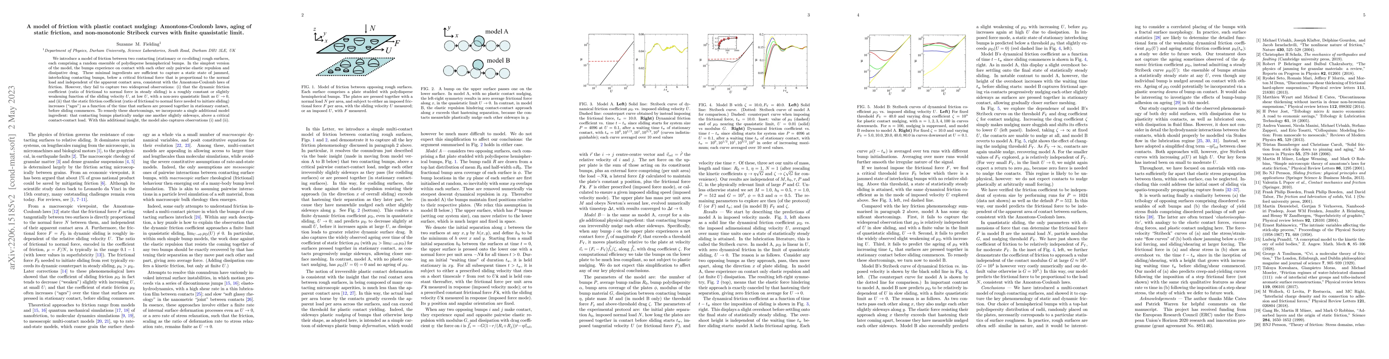 Thumbnail for A model of friction with plastic contact nudging: Amontons-Coulomb laws,
  aging of static friction, and non-monotonic Stribeck curves with finite
  quasistatic limit