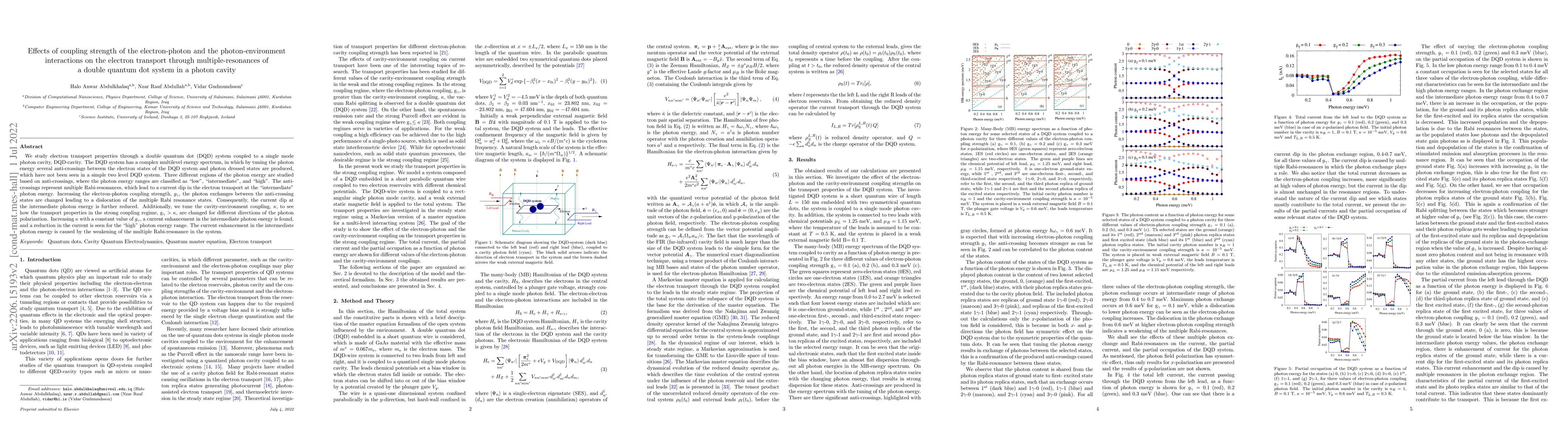 Thumbnail for Effects of coupling strength of the electron-photon and the
  photon-environment interactions on the electron transport through
  multiple-resonances of a double quantum dot system in a photon cavity