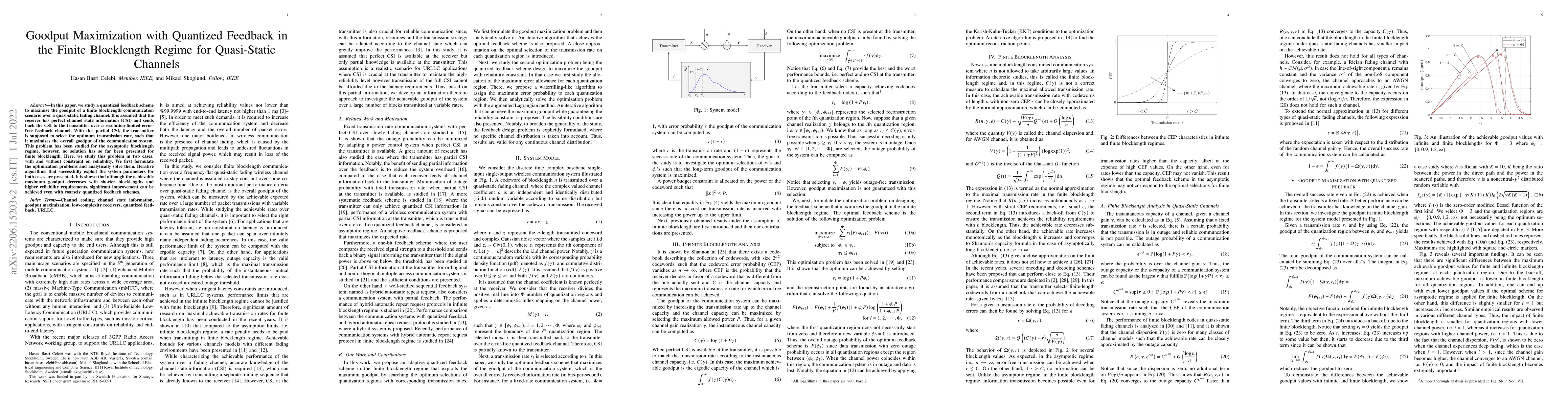 Thumbnail for Goodput Maximization with Quantized Feedback in the Finite Blocklength
  Regime for Quasi-Static Channels