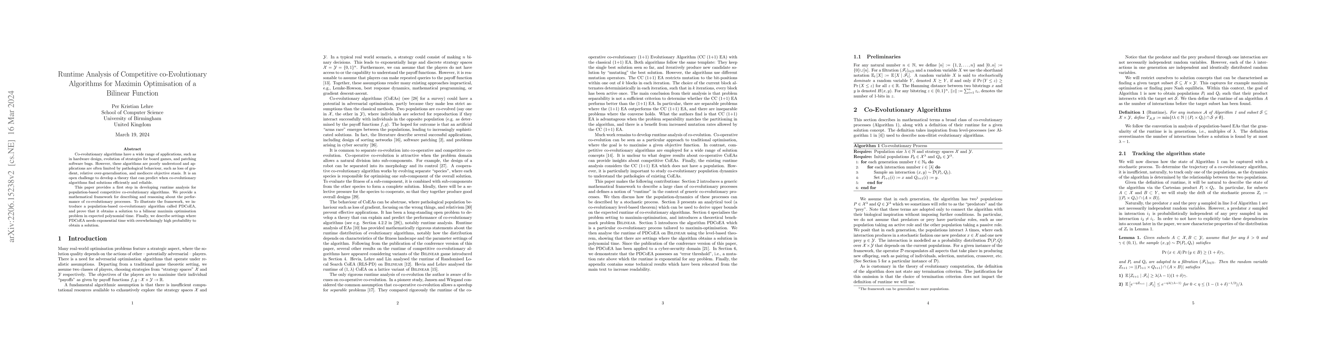 Thumbnail for Runtime Analysis of Competitive co-Evolutionary Algorithms for Maximin
  Optimisation of a Bilinear Function