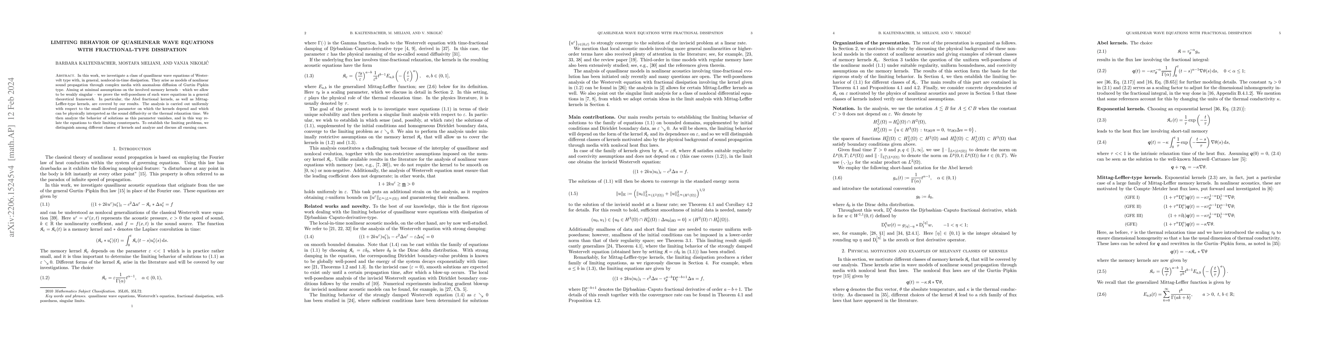 Thumbnail for Limiting behavior of quasilinear wave equations with fractional-type
  dissipation