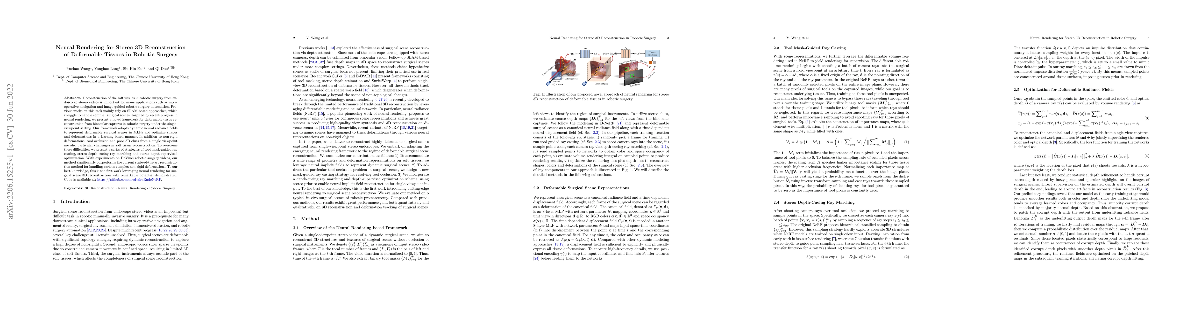 Thumbnail for Neural Rendering for Stereo 3D Reconstruction of Deformable Tissues in
  Robotic Surgery